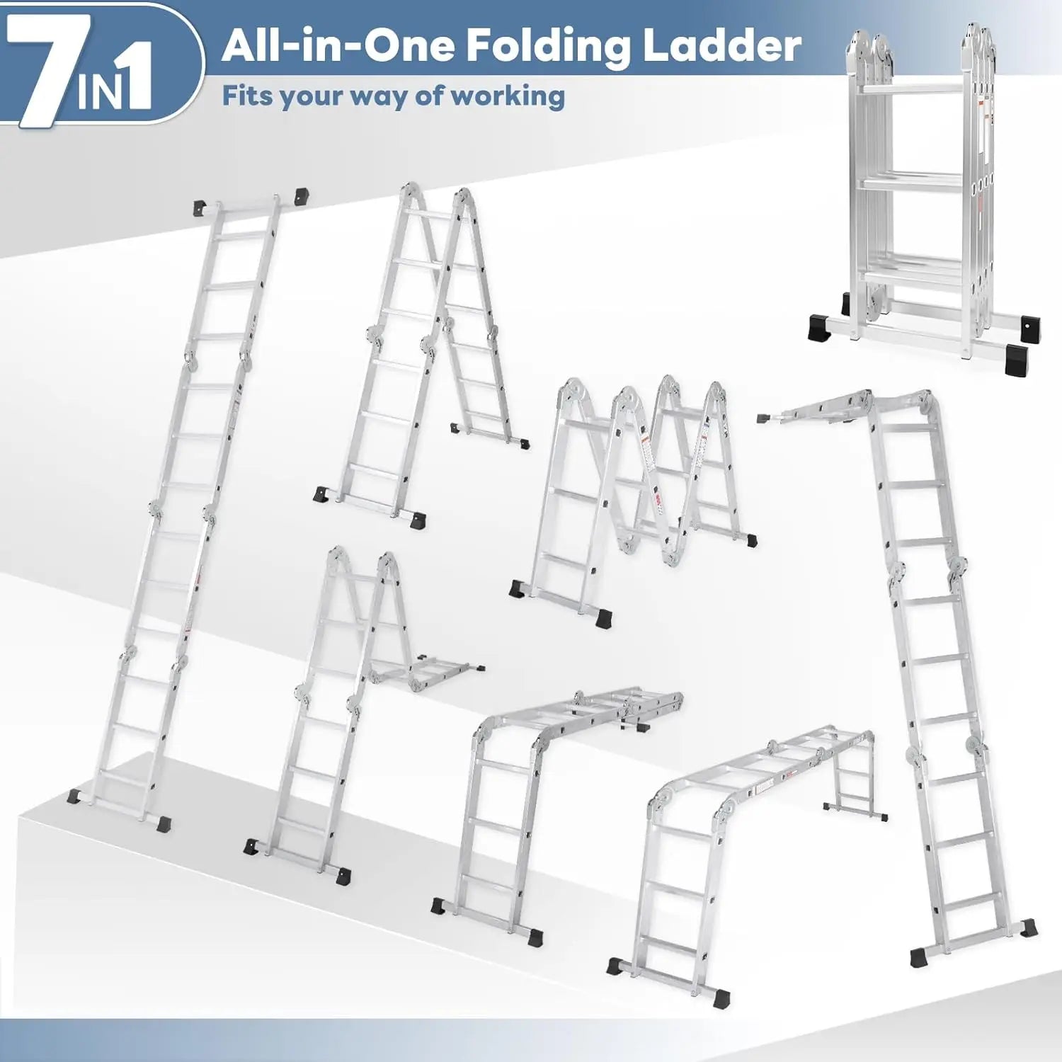 Multi-Purpose Folding Ladder,7 in 1 Aluminium Heavy Duty Collapsible Tall Extension Adjustable