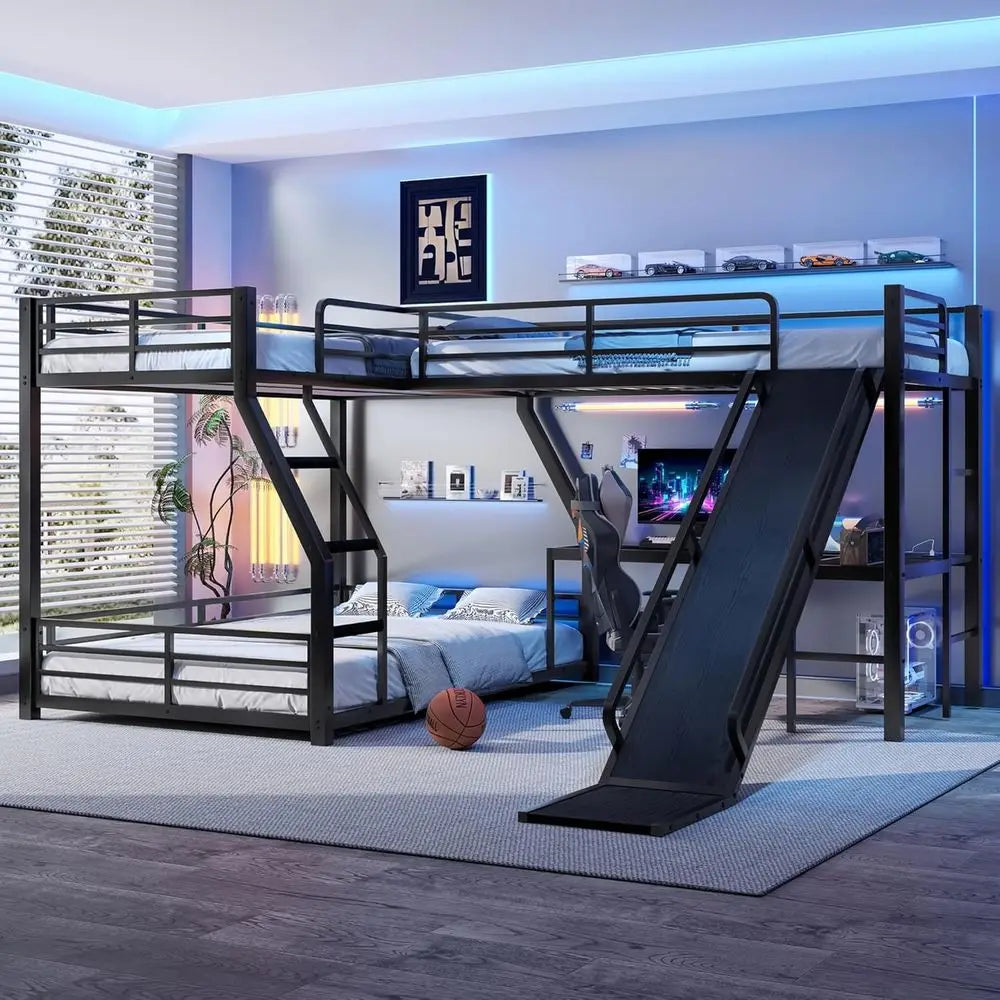 Black Metal Twin Over Full Bunk Bed with Loft, Desk, Ladder, USB Ports, Slide for Kids & Adults