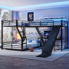 Black Metal Twin Over Full Bunk Bed with Loft, Desk, Ladder, USB Ports, Slide for Kids & Adults