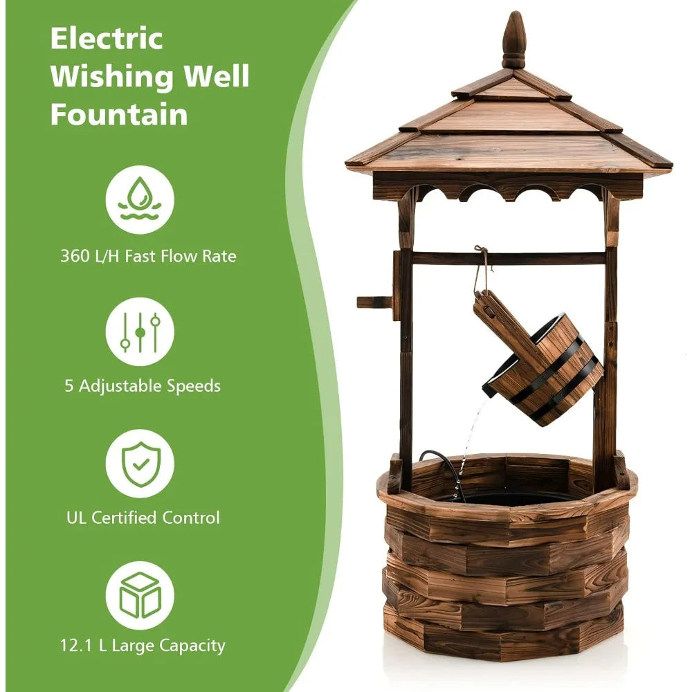 Outdoor Wooden Water Fountain with Electric Pump, 5 Adjustable Water Flow Rates,
