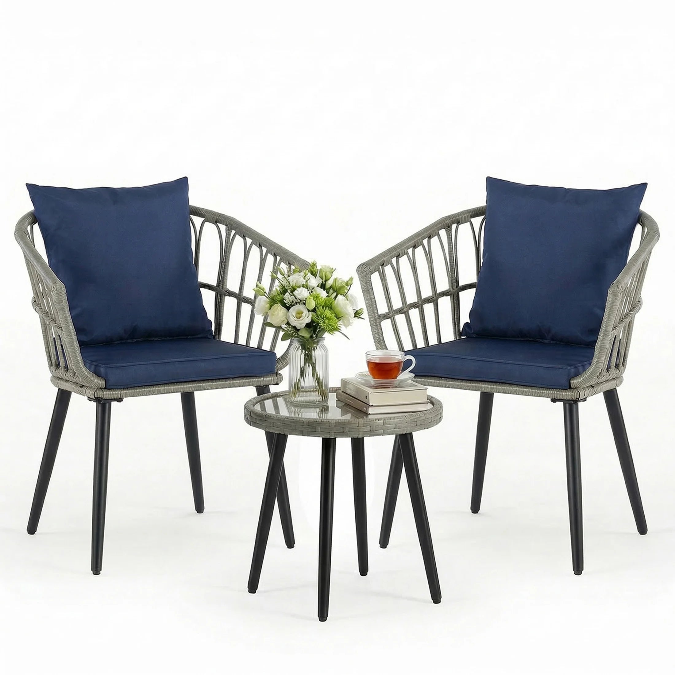 3 Pieces Wicker Patio Outdoor Set with Soft Cushion and Glass Steel Frame Table Manual Weaving Patio Chairs For Garden Lawn