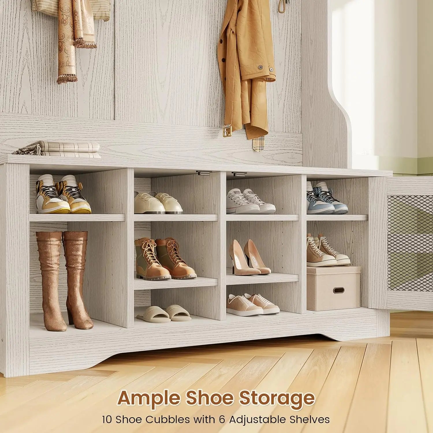 5-in-1 Entryway Bench with Coat Rack, 10 Shoe Cubbies & 9 Coat Hooks, Barn Door & Adjustable