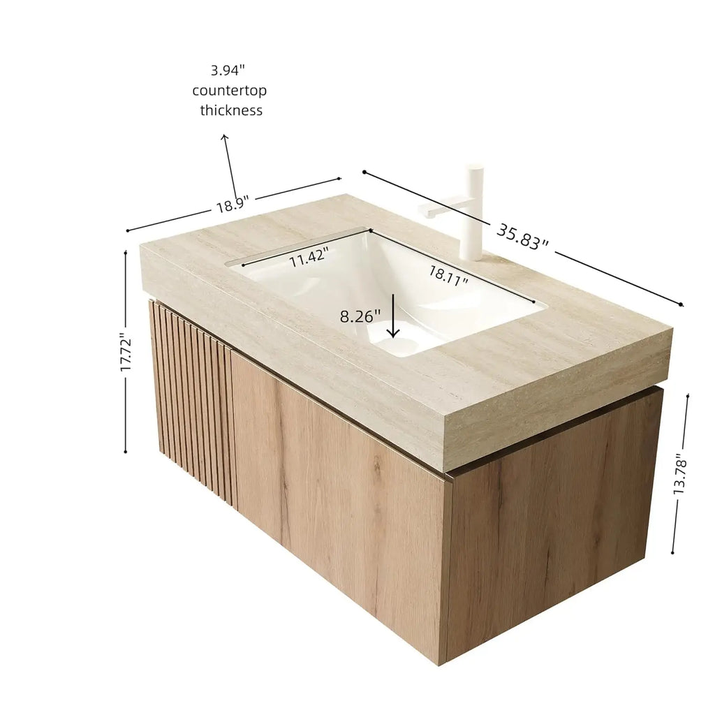 36in Wall Mounted Bathroom Vanity with Sink Ceramic Basin Travertine Countertop Storage Drawer Door Light