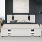 Modern Faux Leather Bed Frame with Iron Pieces Decor, with Height-Adjustable Headboard