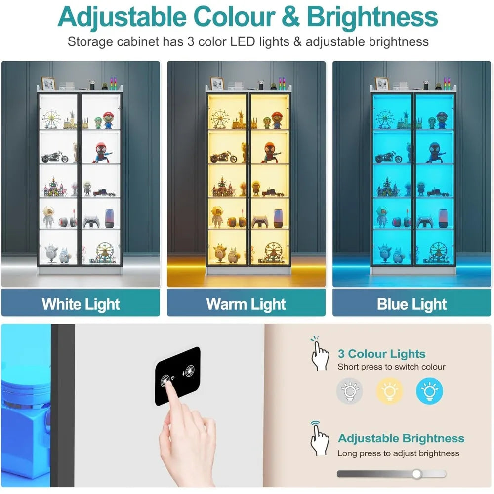 65" LED Display Cabinet with Lights, 5-Tier Adjustable Shelves
