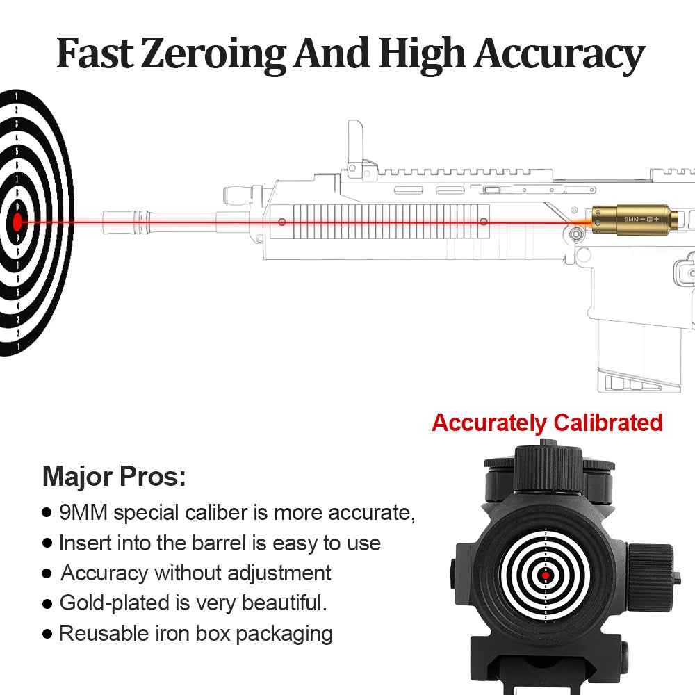 9MM Optics Cartridge Red Dot Laser Bore Brass 9MM Bore Boresighter For Pistol Rifle Scope Hunting Accessories 6 Batte