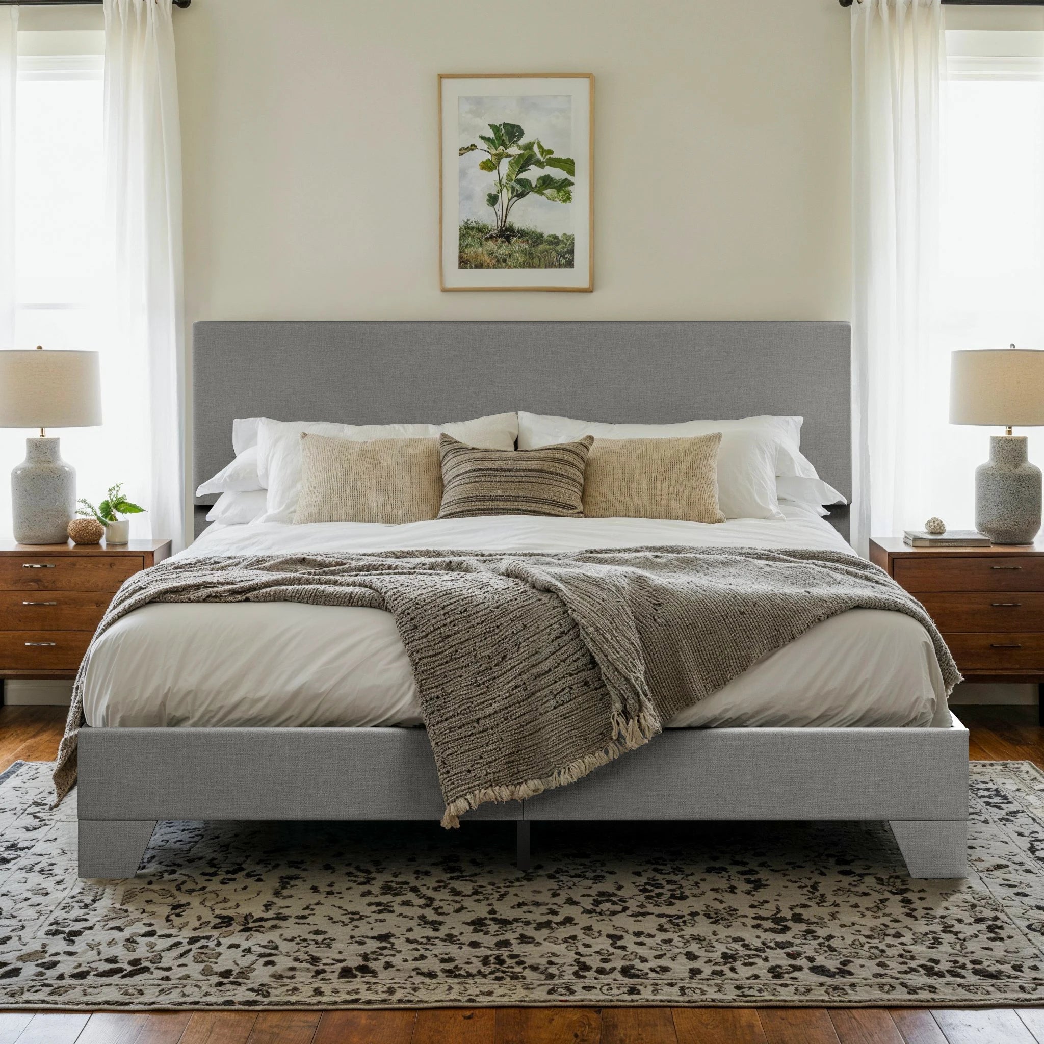 Upholstered Bed Frame with Adjustable Headboard, Soft Linen Fabric,