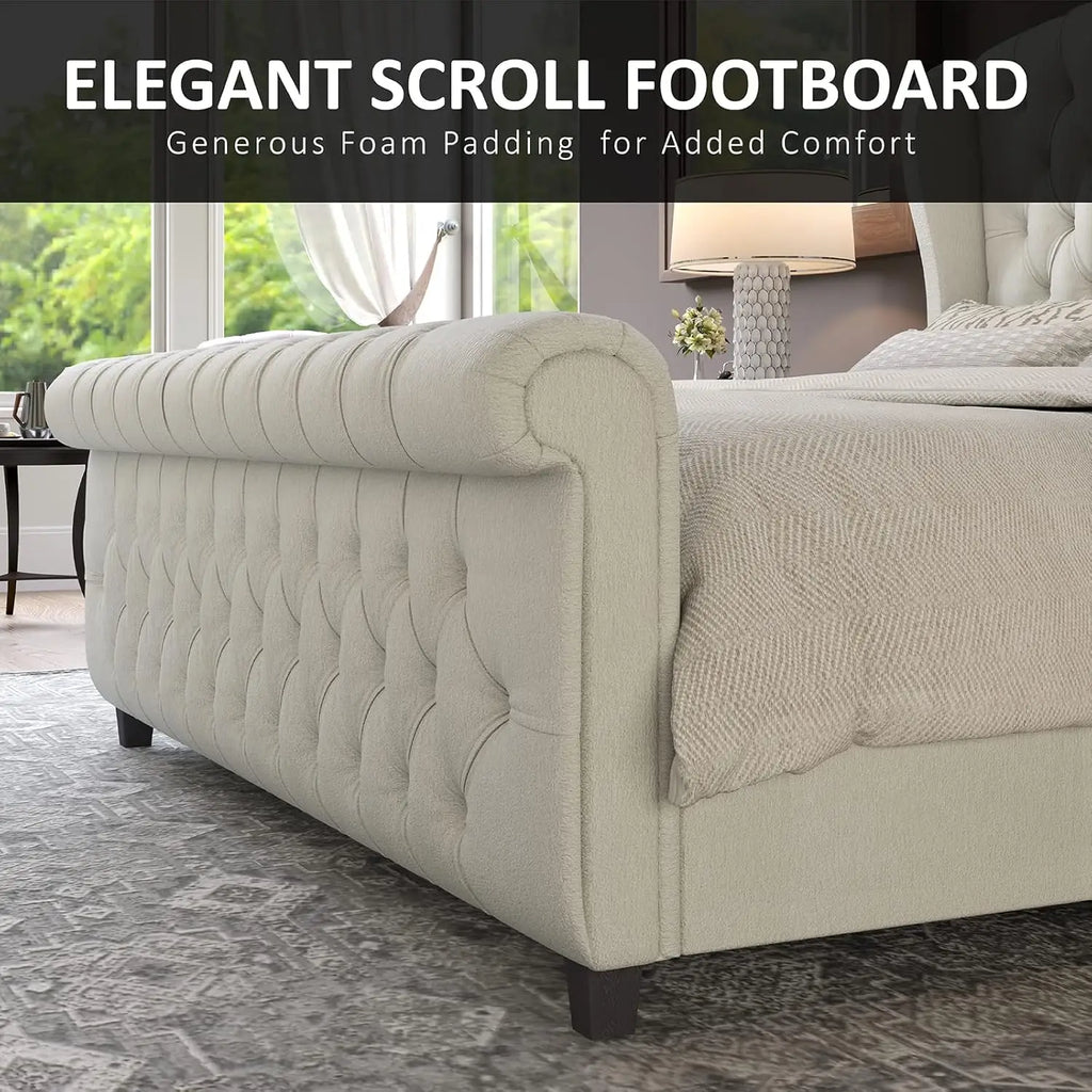 Chenille Upholstered Sleigh Bed with Scroll Wingback Headboard & Footboard/Button,