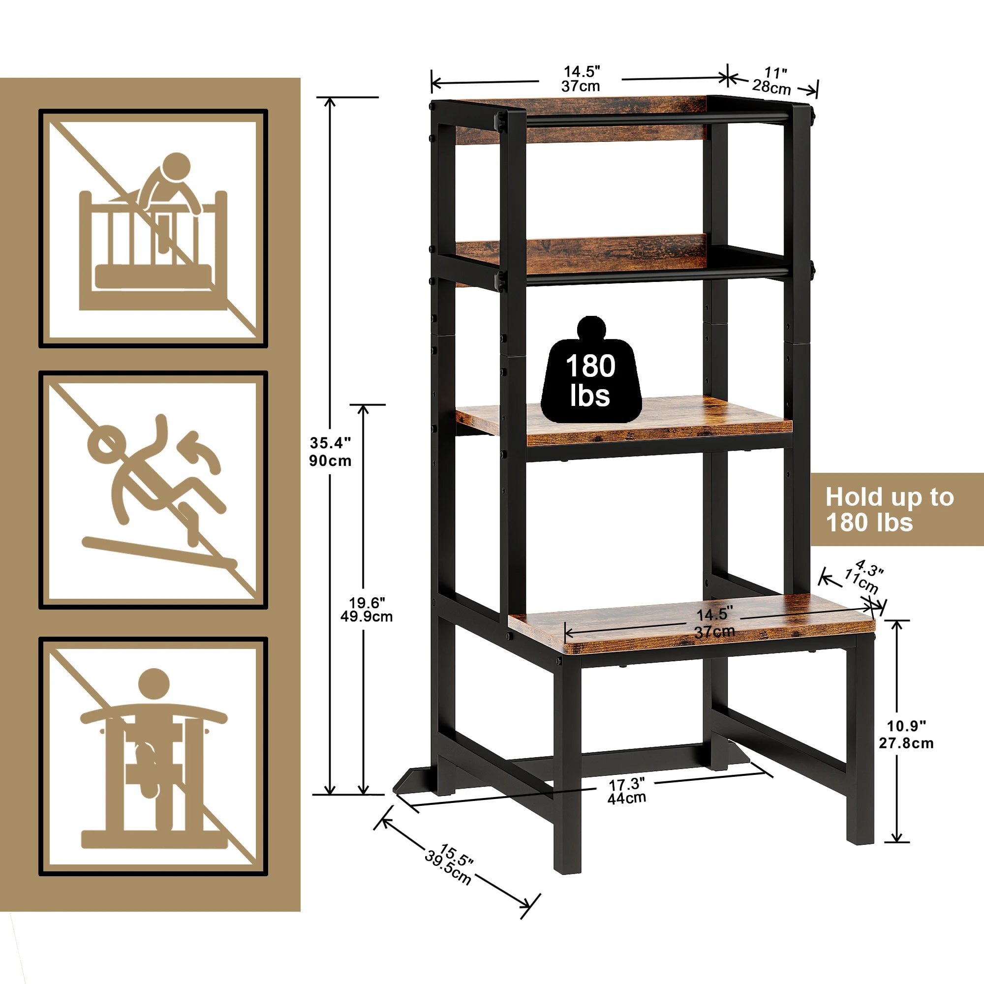 Step Stool, Adjustable Height Learning Tower with Safety Rail