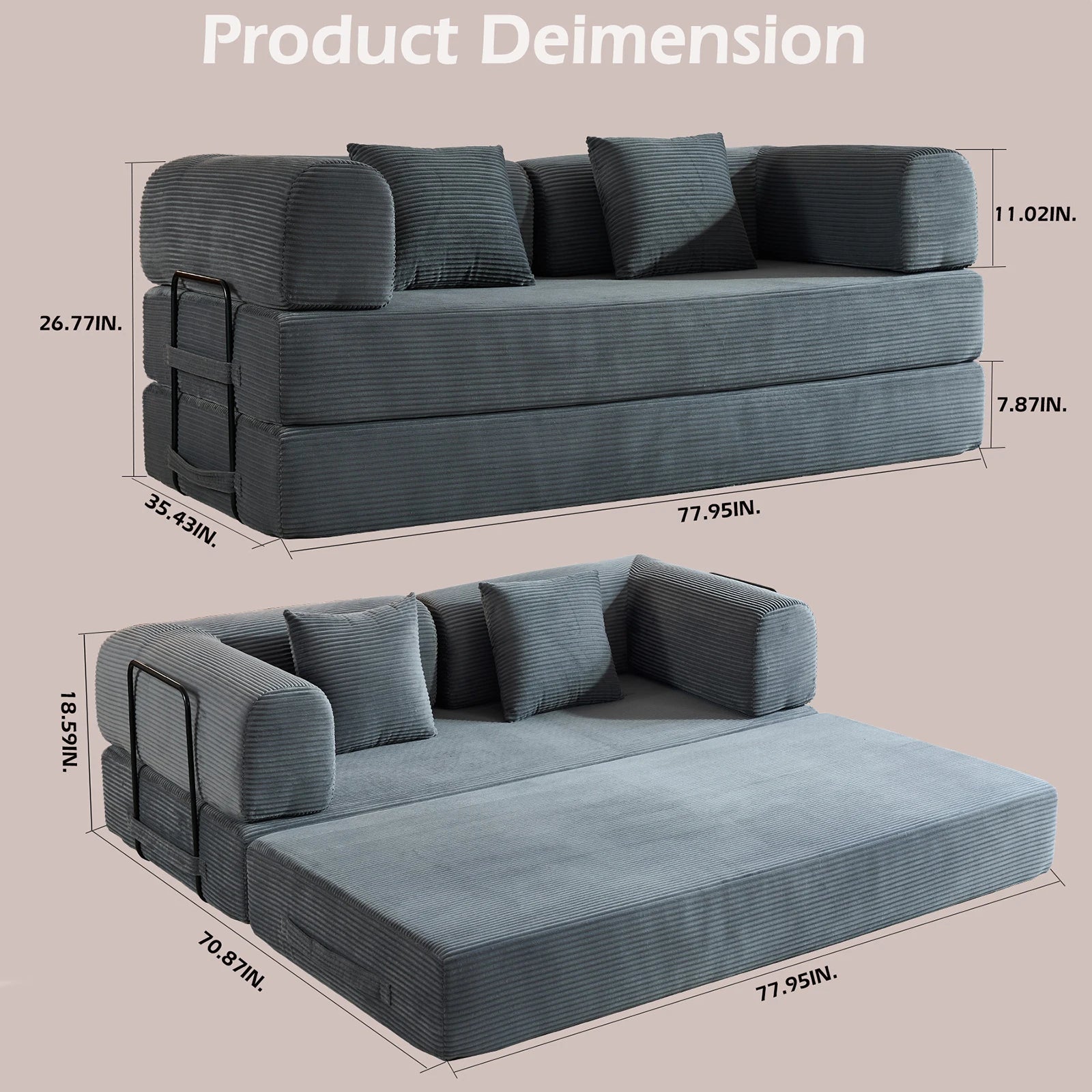 79" Folding Convertible Sofa Bed, Oversized Corduroy Futon Floor Couch, Boneless Loveseat for Small Spaces,