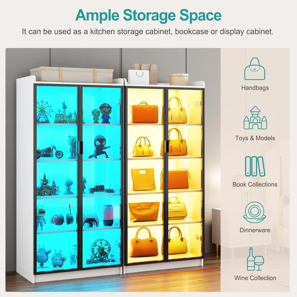 65" LED Display Cabinet with Lights, 5-Tier Adjustable Shelves