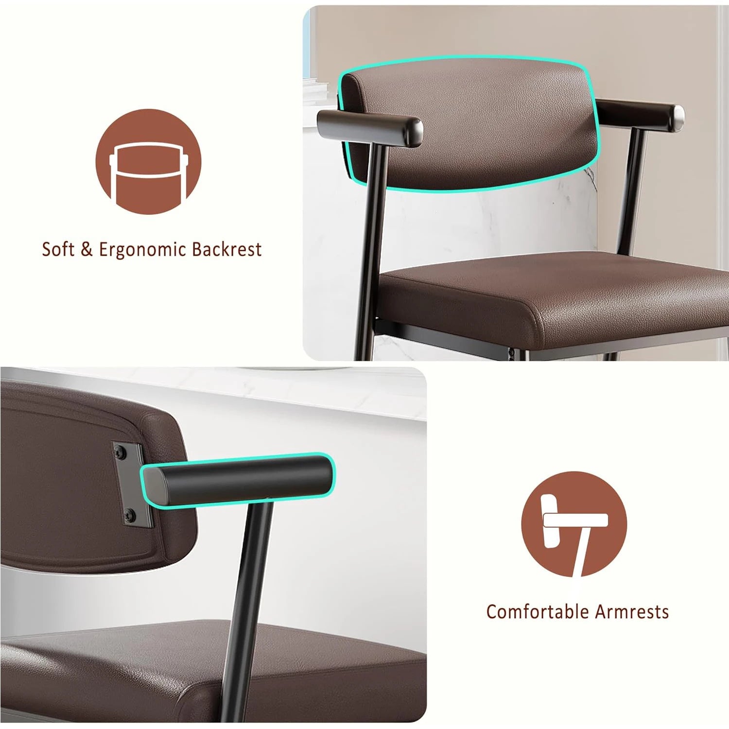 2PCS Counter Height Bar Stools Set with Back & Armrests,Upholsterd