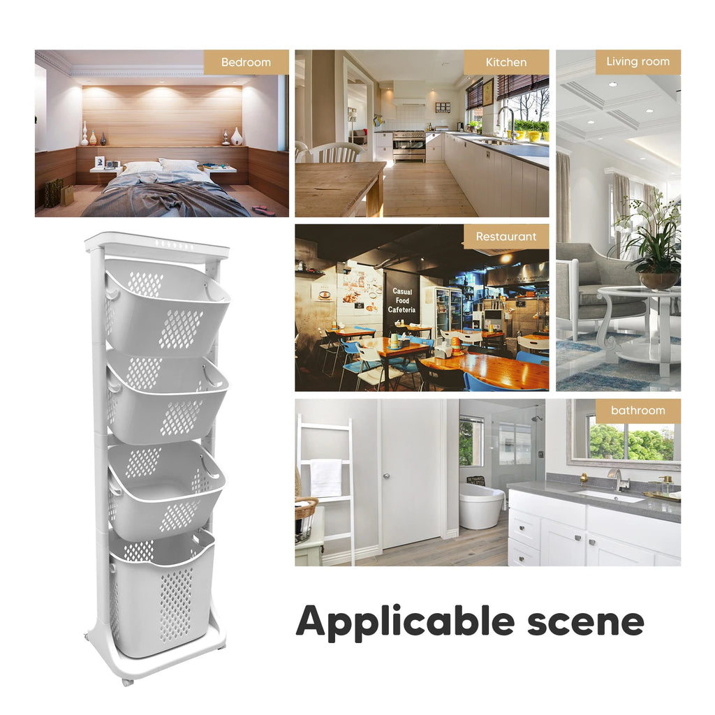 2/4 Tier Laundry Basket Rolling Cart Removable Storage Buckets