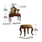 European Vintage Brown Makeup Table with 5 Drawers and Mirror, Fabric Upholstered Stool