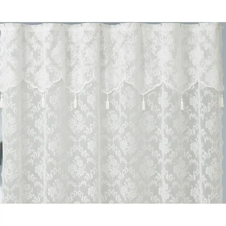 Ivory Shower Curtain with Attached Valance and Elegant Tassels. Standard Size 72 x 72 Lace Shower Curtain for Bathroom.