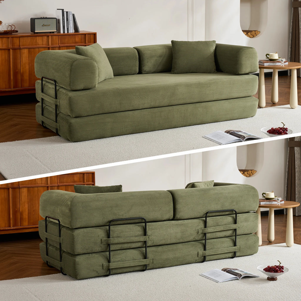 79" Folding Convertible Sofa Bed, Oversized Corduroy Futon Floor Couch, Boneless Loveseat for Small Spaces,