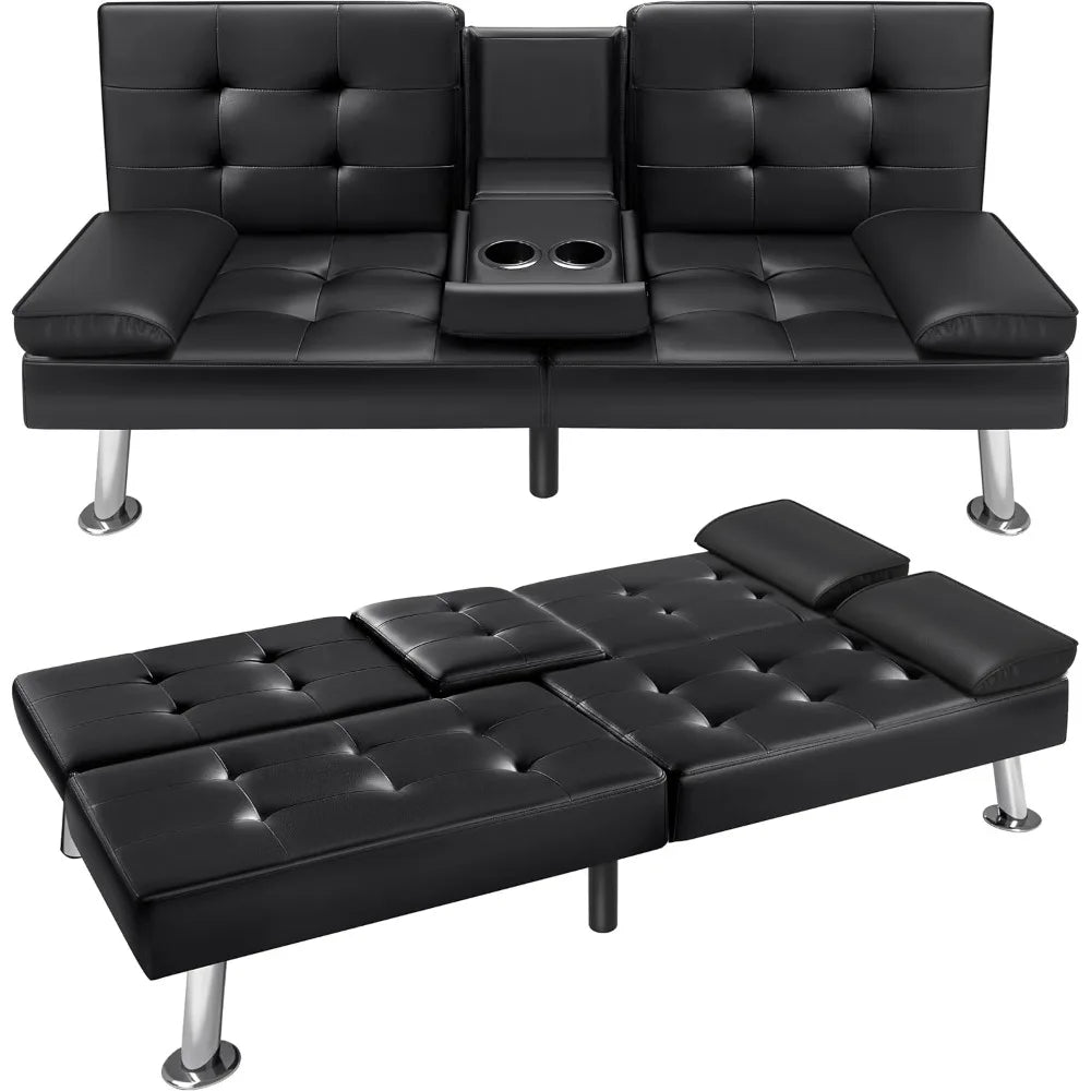 VICTONE Futon Sofa Bed Modern Faux Leather Couch Bed Convertible Folding Recliner for Living Room with 2 Cup Holders and Armrest