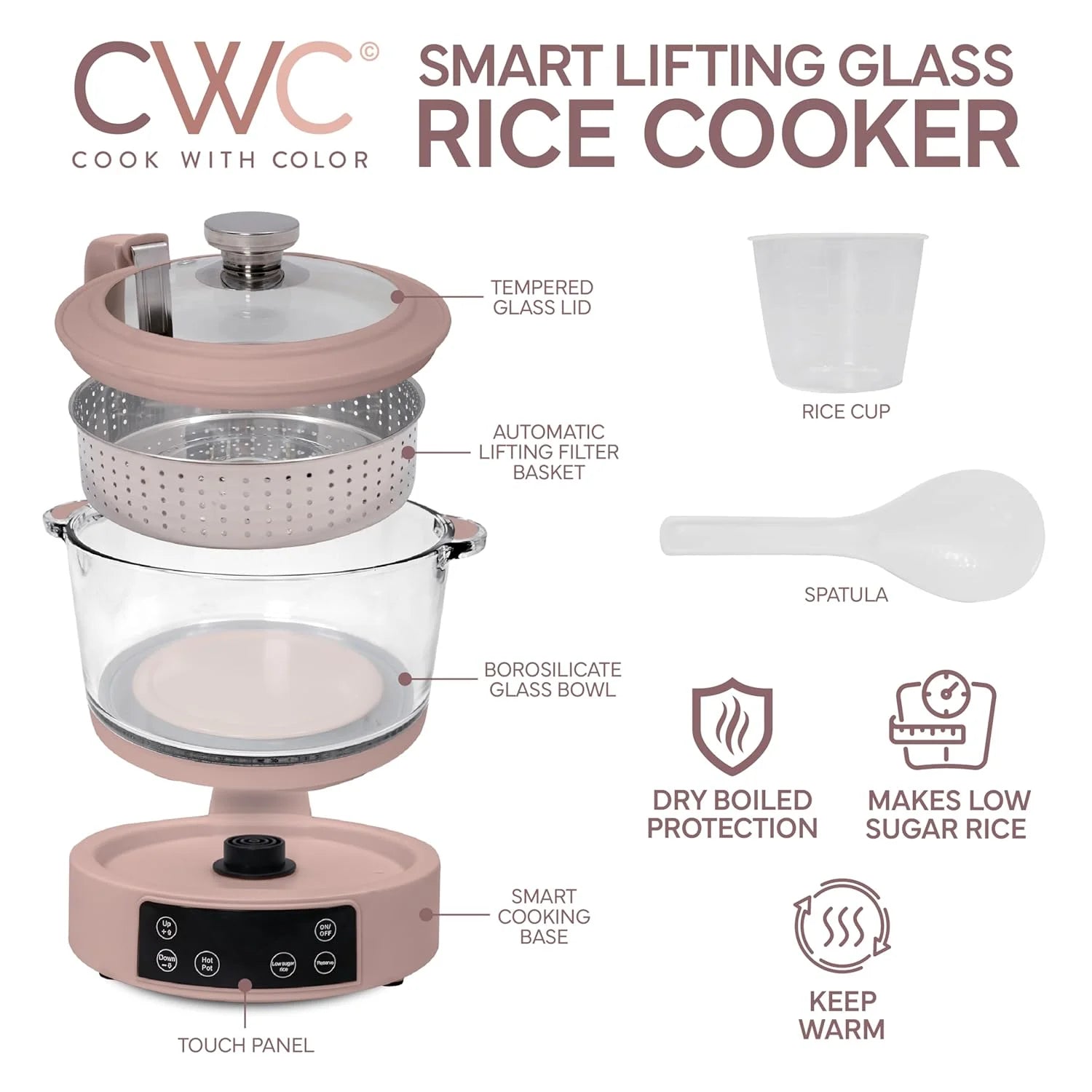COOK WITH COLOR 3L Glass Low Carb Rice Cooker-Makes 6 Cups Cooked
