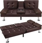 VICTONE Futon Sofa Bed Modern Faux Leather Couch Bed Convertible Folding Recliner for Living Room with 2 Cup Holders and Armrest