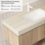 36in Wall Mounted Bathroom Vanity with Sink Ceramic Basin Travertine Countertop Storage Drawer Door Light