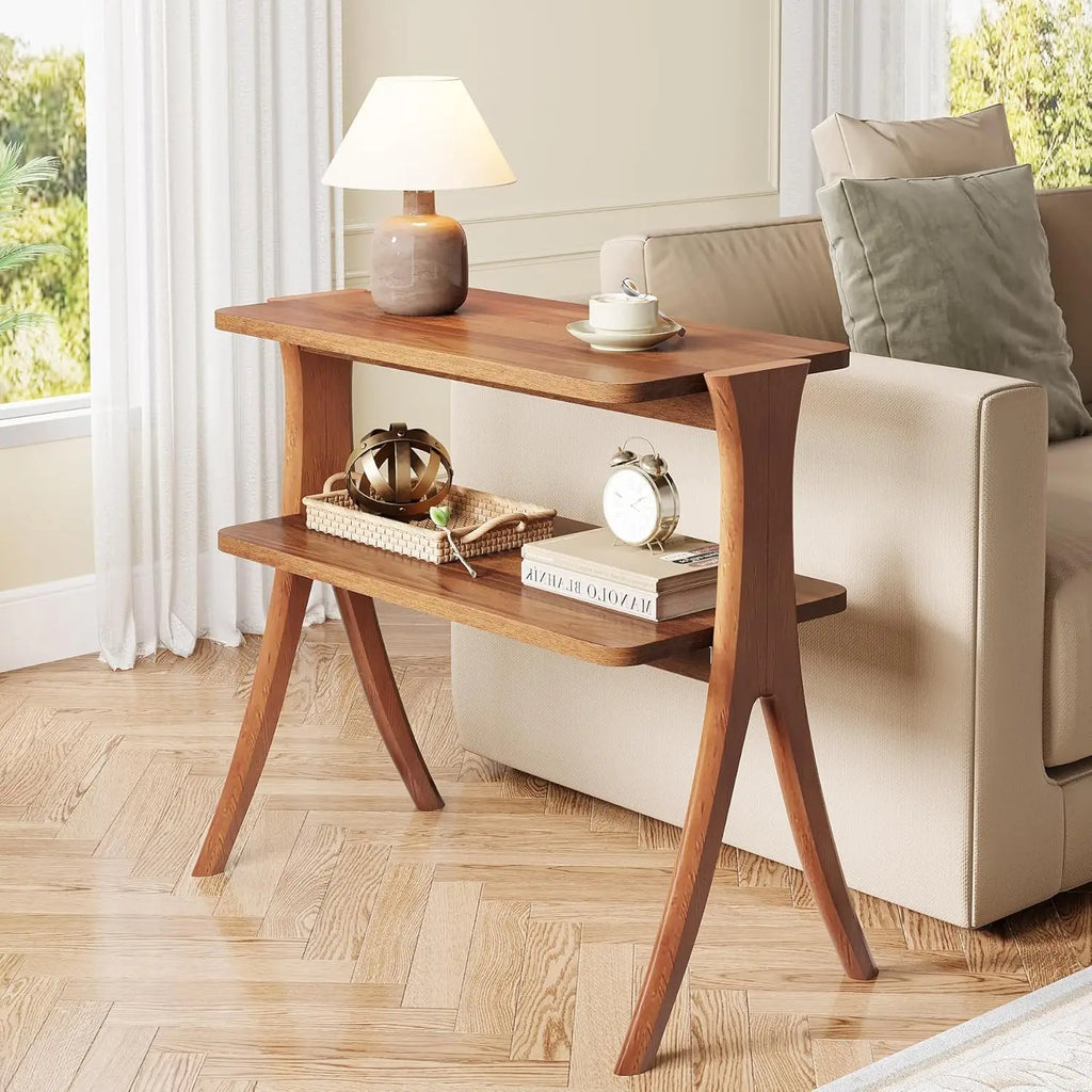 Farmhouse End Table with 2-Tier Storage Shelf and Solid Wood Legs,