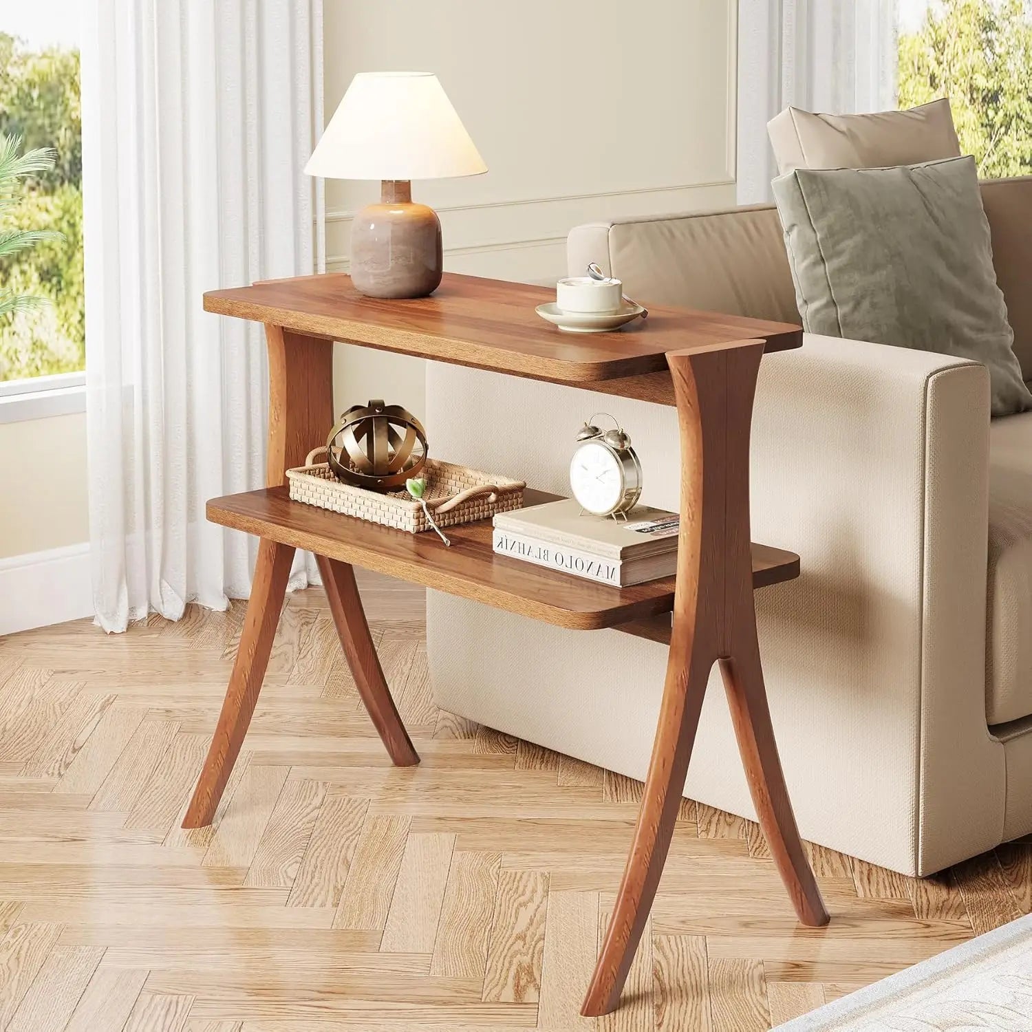 Farmhouse End Table with 2-Tier Storage Shelf and Solid Wood Legs,