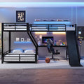 Black Metal Twin Over Full Bunk Bed with Loft, Desk, Ladder, USB Ports, Slide for Kids & Adults