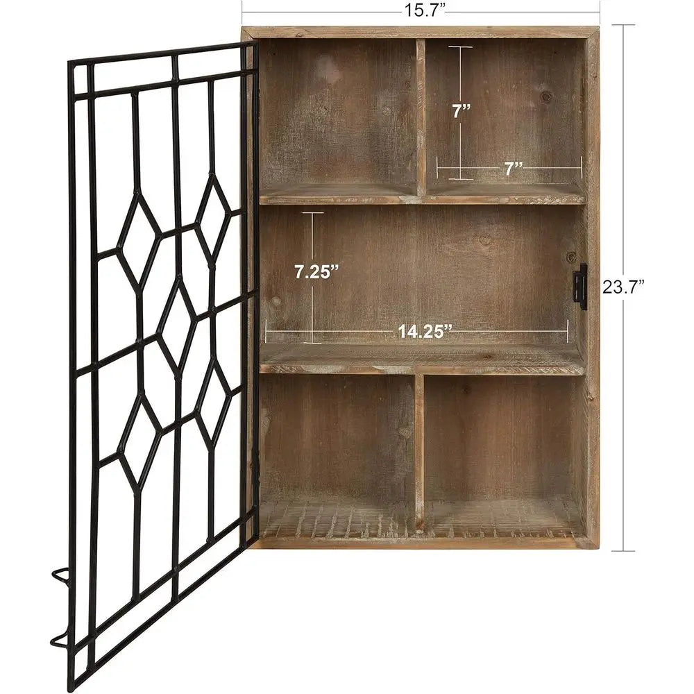 Wall Hanging Open Storage with Decorative Black Iron Door, Rustic Brown