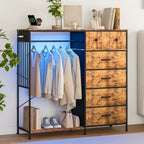 6 Fabric Drawers Hanging Rack Dresser Closet w/LED Lights & Charging Station