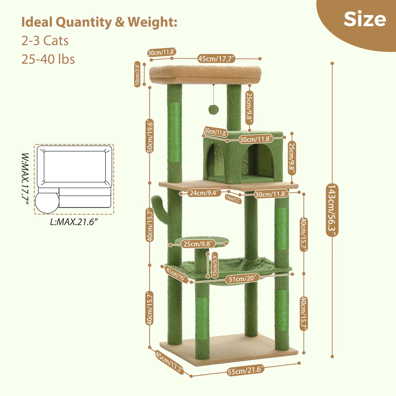 Cactus Cat Tree Tower with Plush Hammock