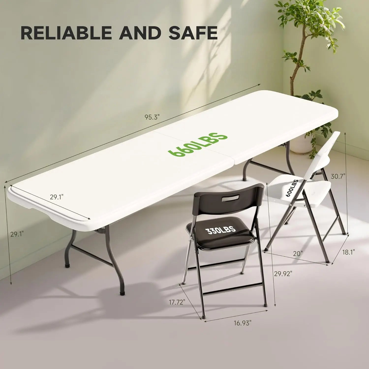 8FT Folding Table Set with 10 Chairs – Heavy-Duty 660 lb Table & 330 lb Chairs, Portable Folding Furniture Bundle for Camping, P