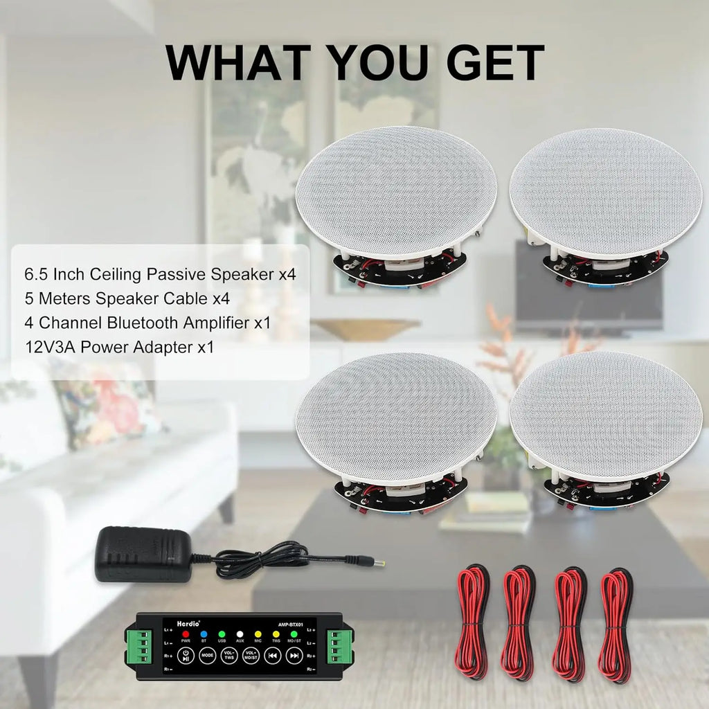 600W 2-Way Flush Mount Speakers System With Wall Amplifier Receiver