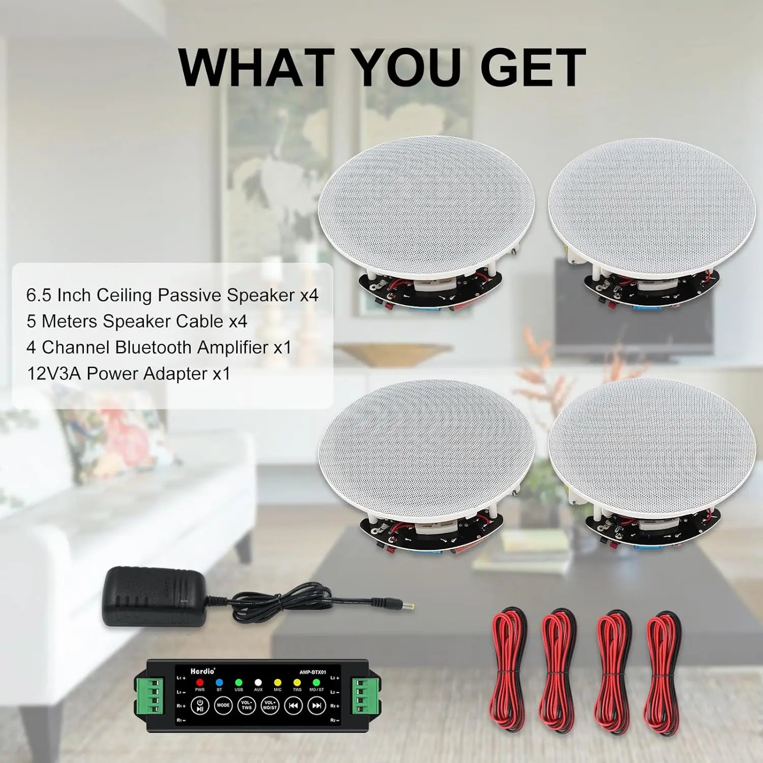 600W 2-Way Flush Mount Speakers System With Wall Amplifier Receiver