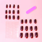 24PCS Press On Nails Short Square Wine Red Full Cover Fake Nail Set