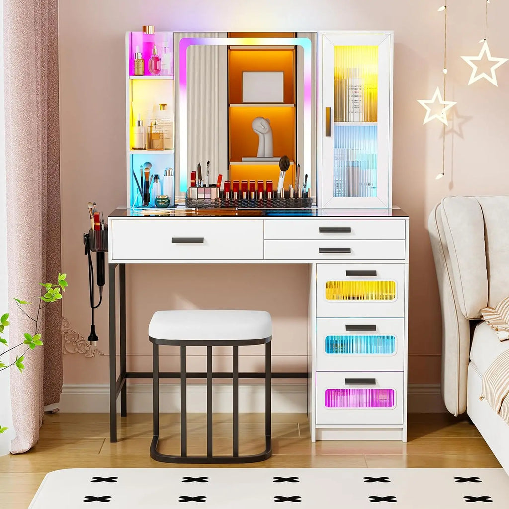 RGB Glass Top Vanity Desk with Mirror Light Wireless Charging Stool 6 Drawers Cabinet Bedroom White Customized