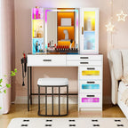RGB Glass Top Vanity Desk with Mirror Light Wireless Charging Stool 6 Drawers Cabinet Bedroom White Customized