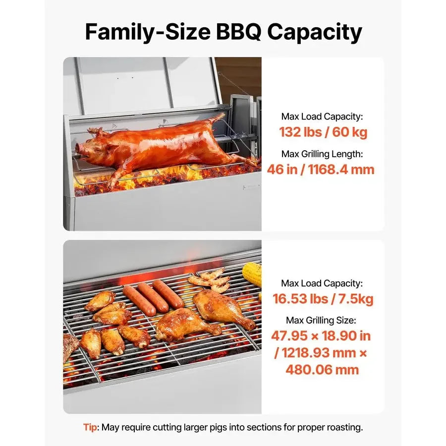 Rotisserie Grill, 46in BBQ Outdoor Pig amp Lamb Spit Roaster, Charcoal Spit Roaster with 132 LBS Capacity, Wheels amp 4Level He