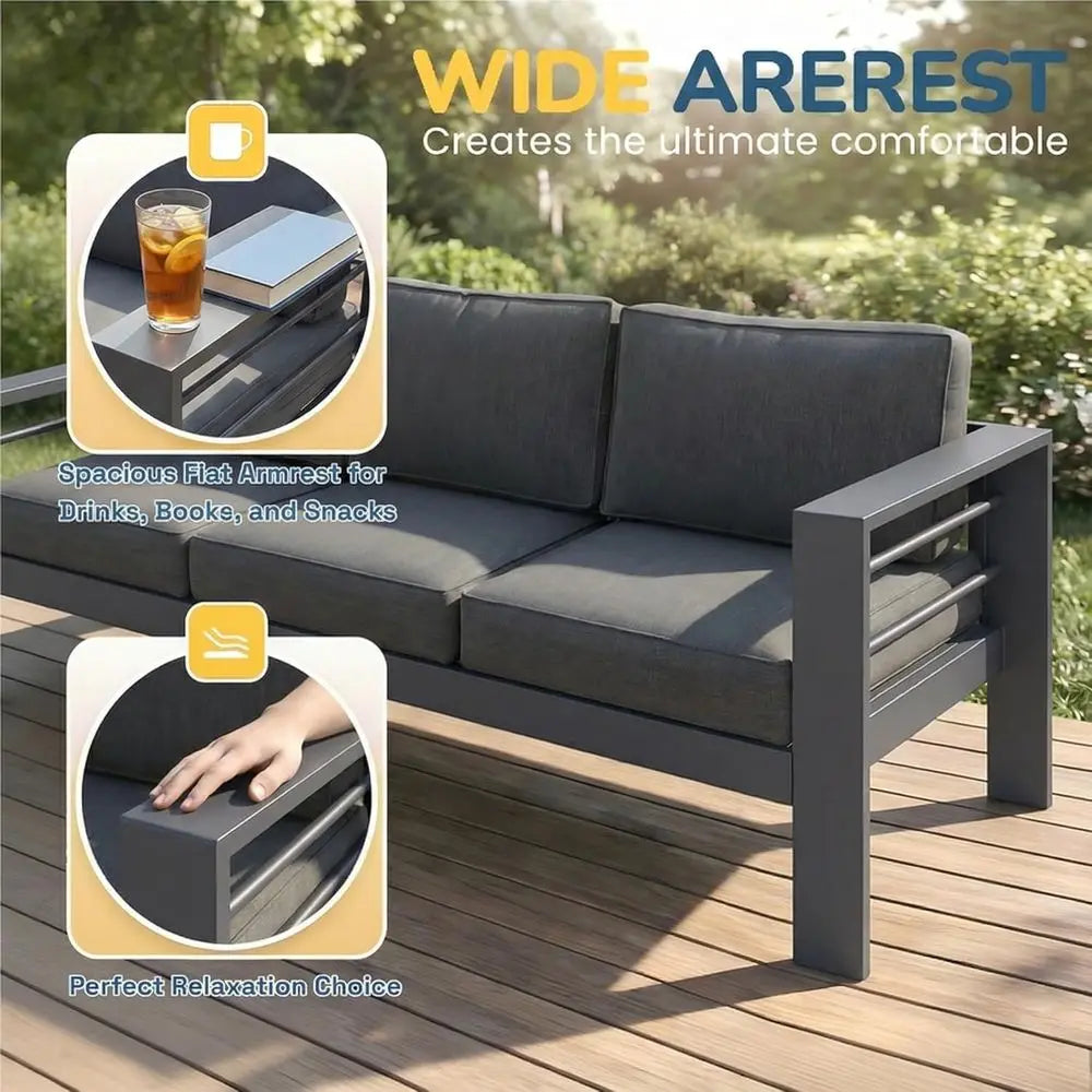 Gray Oversized Metal Patio Furniture Set with 27.5 Deep Seating and 3.2 Wide Armrests, All-Weather Outdoor Cushion Set