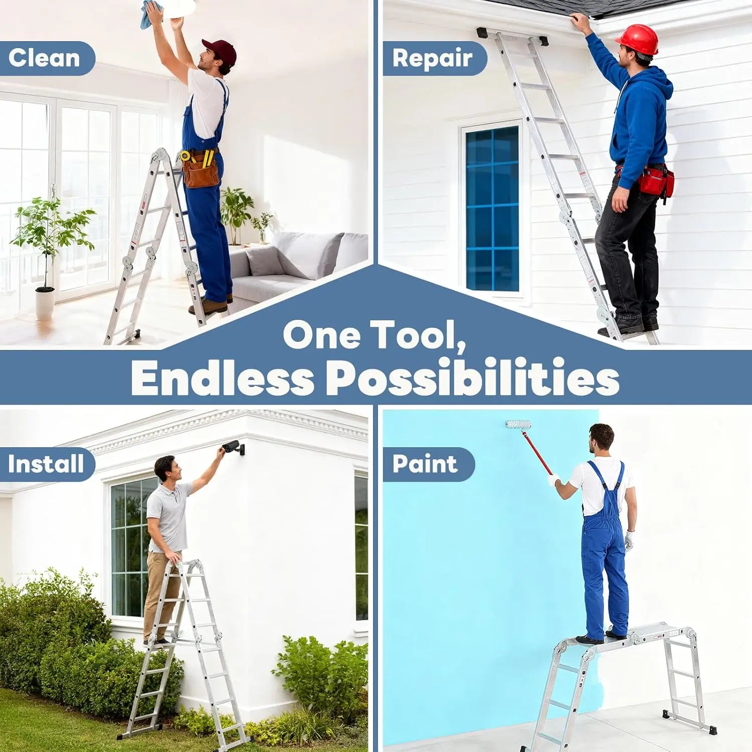 Multi-Purpose Folding Ladder,7 in 1 Aluminium Heavy Duty Collapsible Tall Extension Adjustable