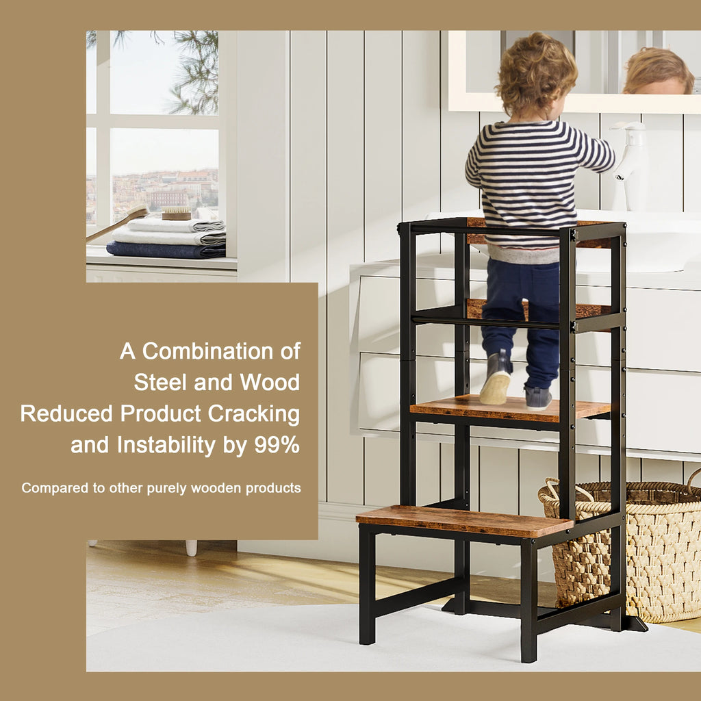 Step Stool, Adjustable Height Learning Tower with Safety Rail