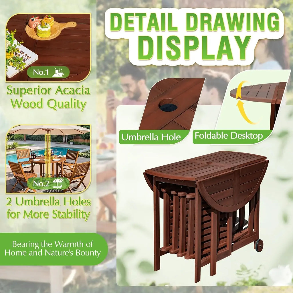 Stylish 5 Piece Patio Dining Set Outdoor Acacia Wood Furniture All-Weather Folding Round Table and Chairs for Backyard, Balcony,