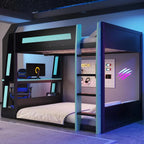 Full Wooden Gaming Bunk Bed with Desk Storage Shelves USB LED Light
