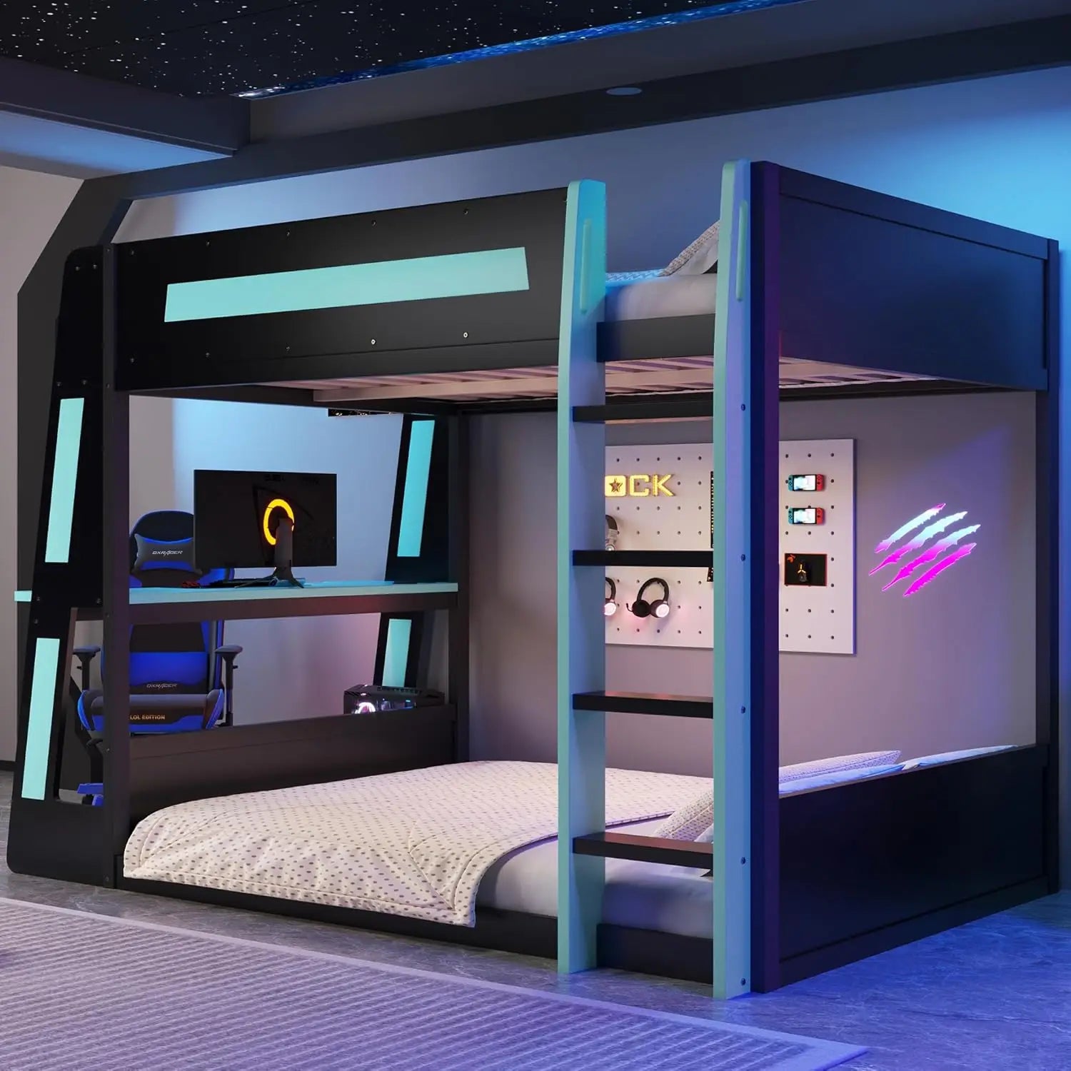 Full Wooden Gaming Bunk Bed with Desk Storage Shelves USB LED Light