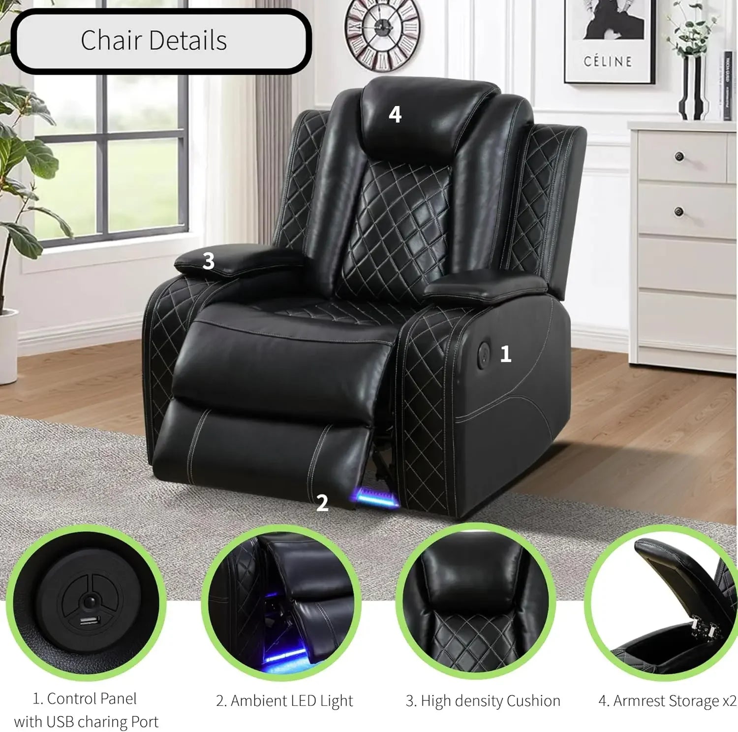 Power Recliner Sectional Sofa with LED Light, Air Leather