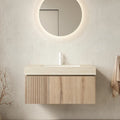 36in Wall Mounted Bathroom Vanity with Sink Ceramic Basin Travertine Countertop Storage Drawer Door Light