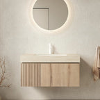 36in Wall Mounted Bathroom Vanity with Sink Ceramic Basin Travertine Countertop Storage Drawer Door Light