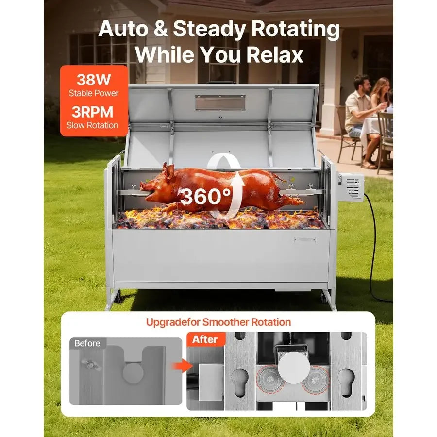 Rotisserie Grill, 46in BBQ Outdoor Pig amp Lamb Spit Roaster, Charcoal Spit Roaster with 132 LBS Capacity, Wheels amp 4Level He