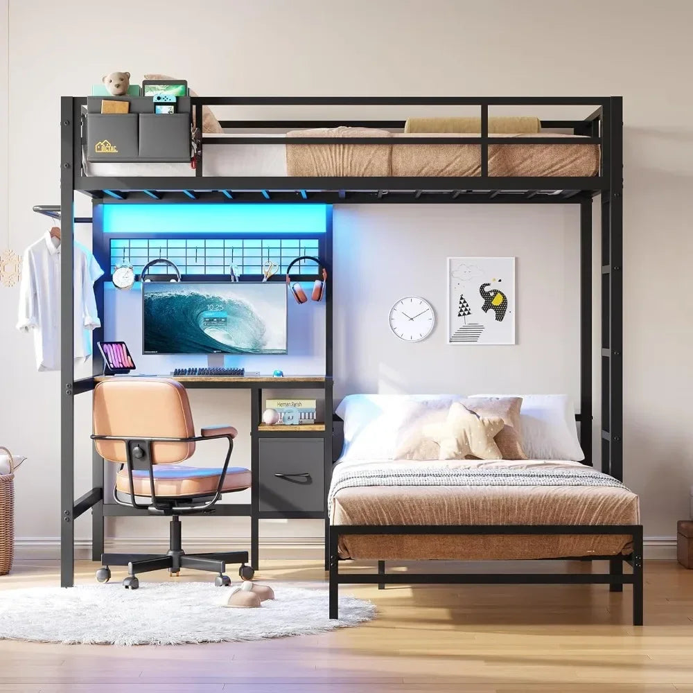 Bunk Bed Twin Over Twin Size with Desk and Charging Station L-Shaped Metal