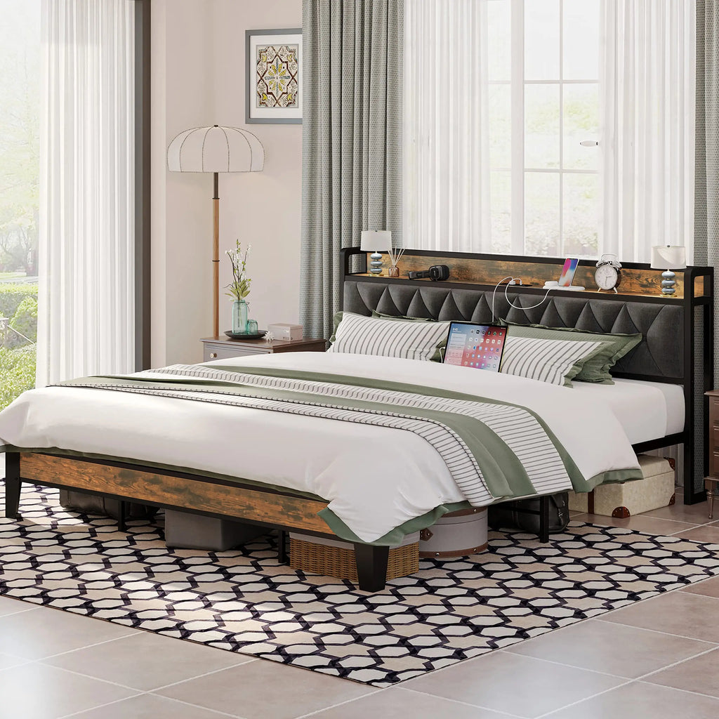 Twin/TwinXL/Full/Queen/King/CaliforniaKing Bed Frames, Storage Headboard with Outlets,