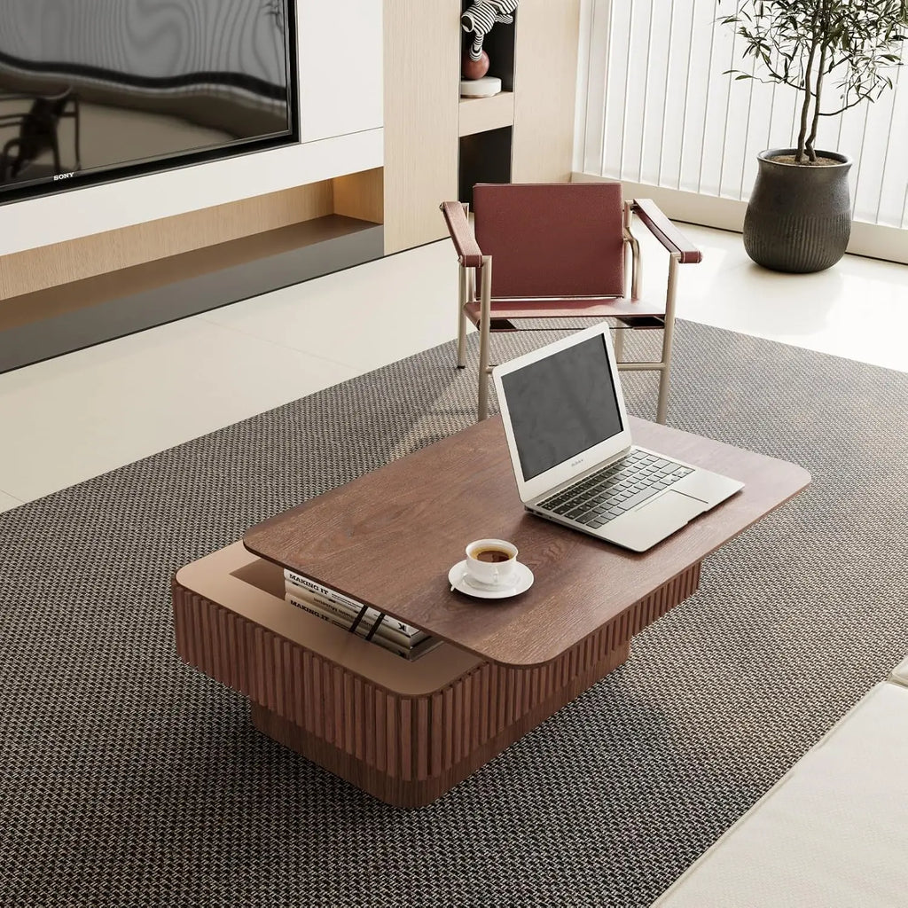38.6" Lift Top Coffee Table with Storage, Fluted Coffee Table with Solid Wood Veneered, Mid Century Modern Wooden, Customized